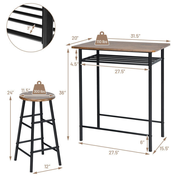 3 Pieces Bar Table Set with 2 Stools