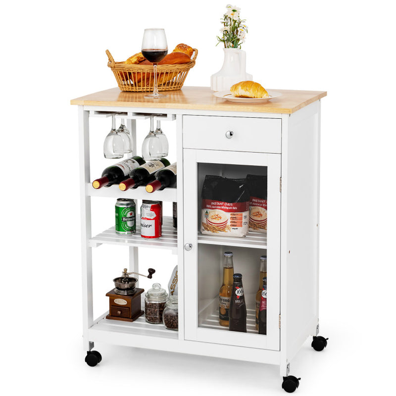 Rolling Trolley Cart with Drawer Glass Holder and Wine Rack for Kitchen