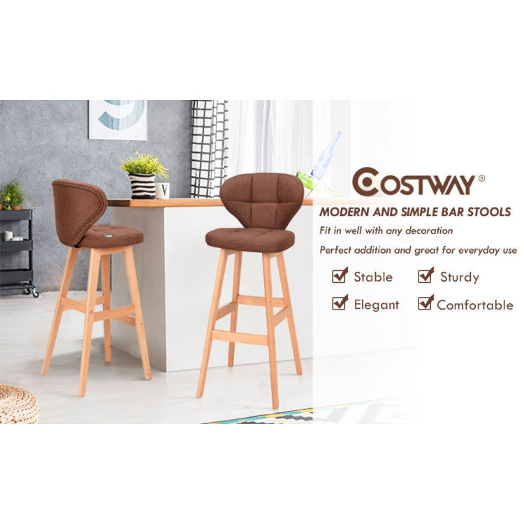 Set of 2 Brown Bar Stools Pub Chair Fabric