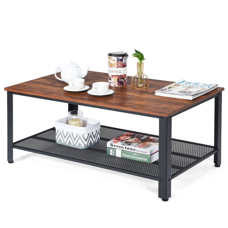 2-Tier Industrial Coffee Table Console Table with Storage Shelf