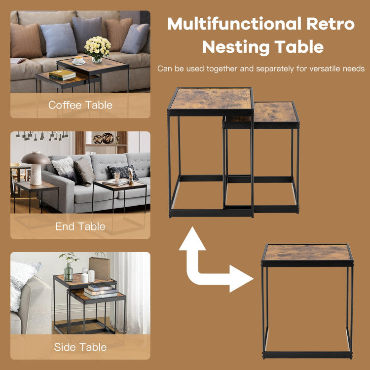 Set of 2 Modern Nesting End Tables with Metal Legs for Living Room