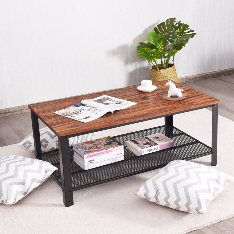 2-Tier Industrial Coffee Table Console Table with Storage Shelf