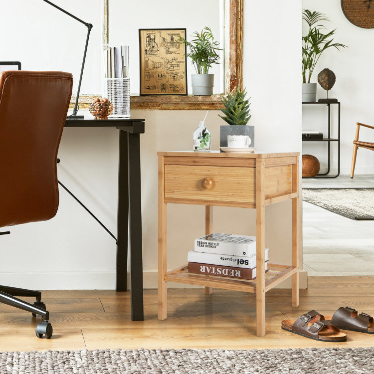 Bamboo Nightstand with Drawer and Open Shelf