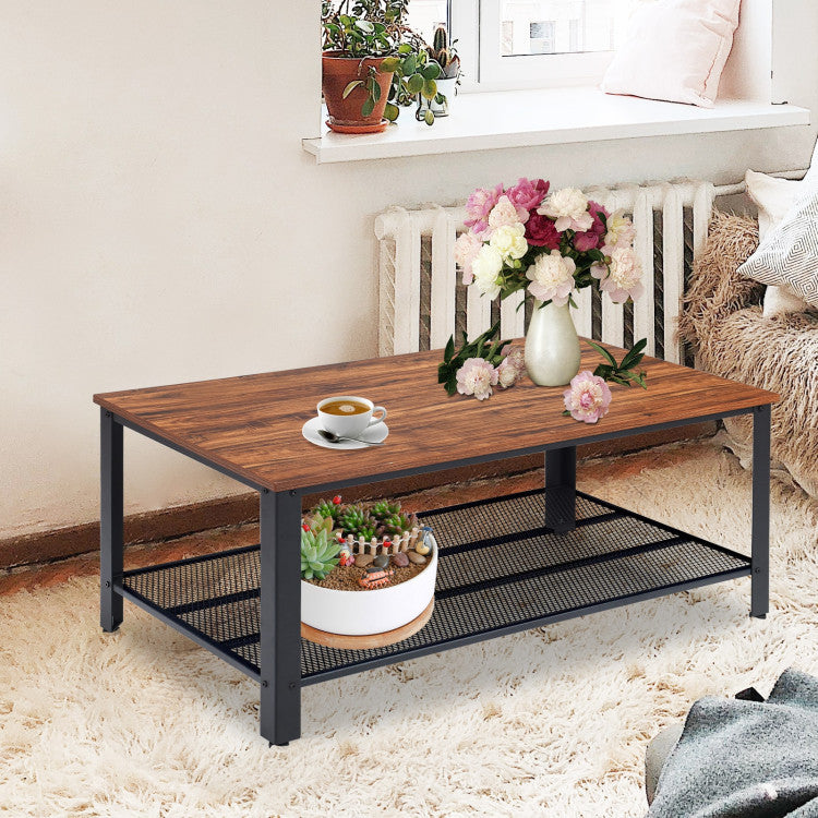 2-Tier Industrial Coffee Table Console Table with Storage Shelf