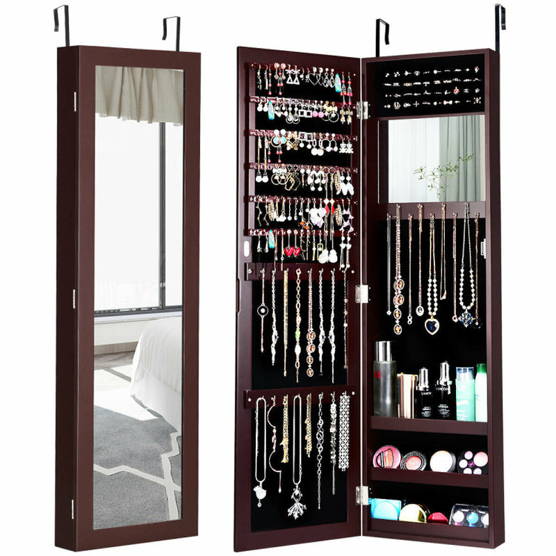 Full Length Mirror Jewelry Cabinet with Ring Slots and Necklace Hooks