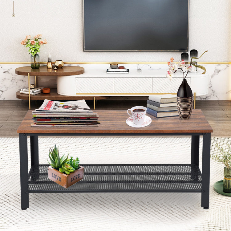 2-Tier Industrial Coffee Table Console Table with Storage Shelf