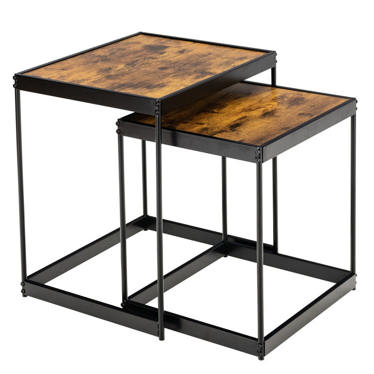 Set of 2 Modern Nesting End Tables with Metal Legs for Living Room