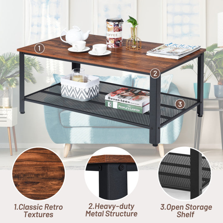 2-Tier Industrial Coffee Table Console Table with Storage Shelf