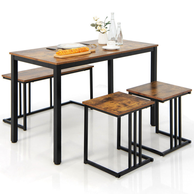4 Pieces Industrial Dining Table Set with Bench and 2 Stools