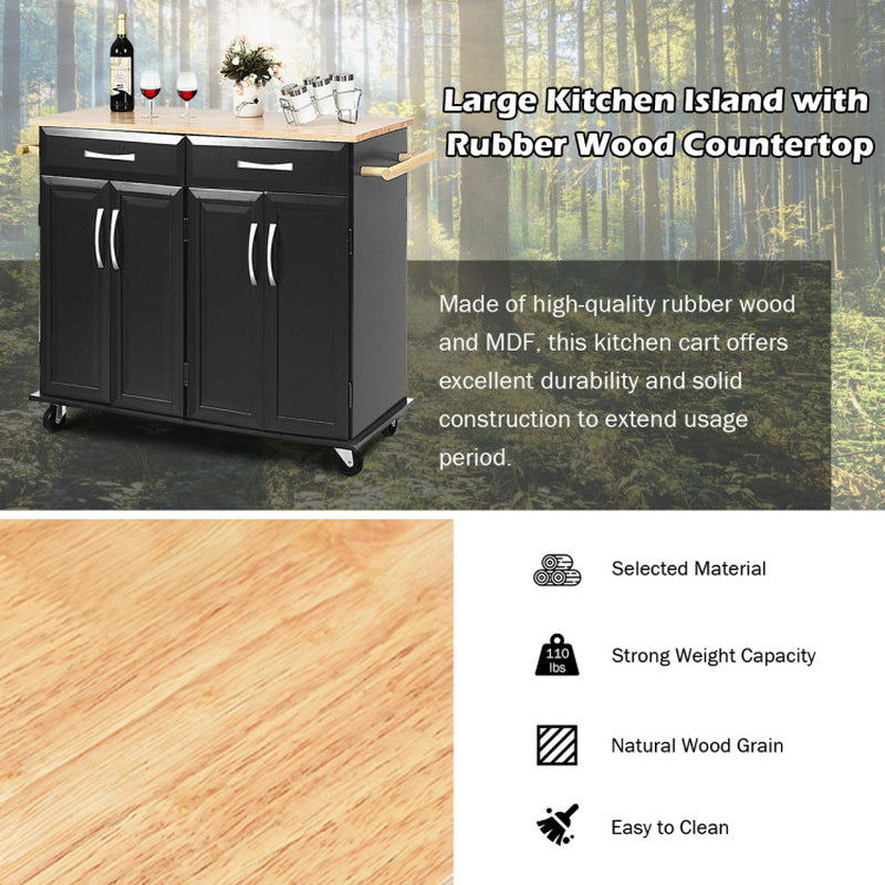 Rolling Kitchen Island Cart with Rubber Wood Top and Smooth Lockable Wheels