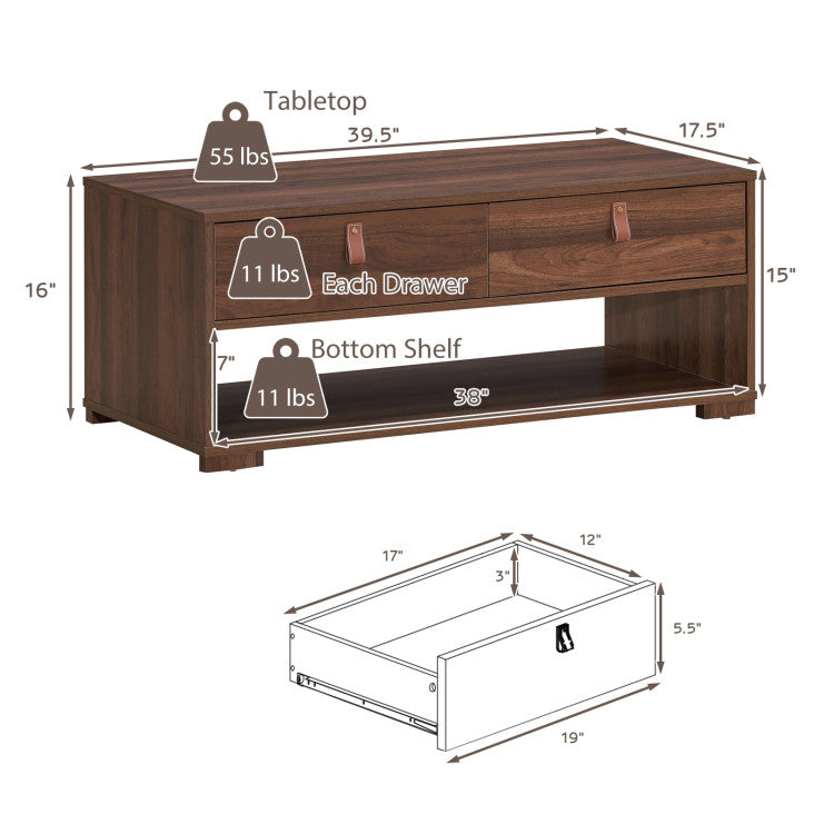 Industrial Accent Cocktail Table with 2 Drawers and Open Storage Shelf