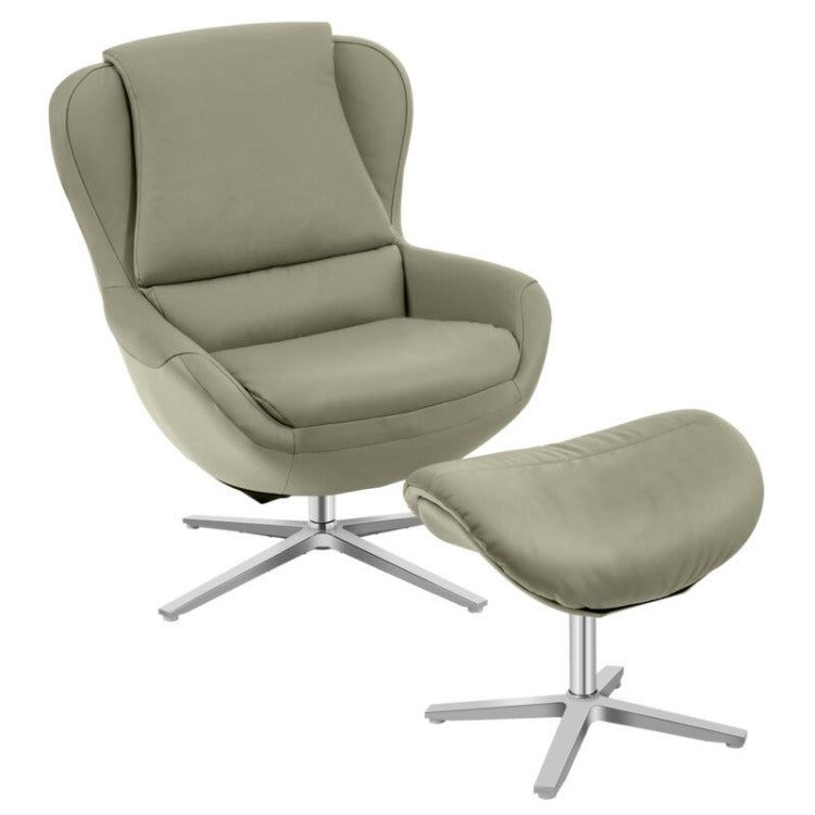 360° Swivel Leather Lounge Chair with Ottoman and Aluminum Alloy Base