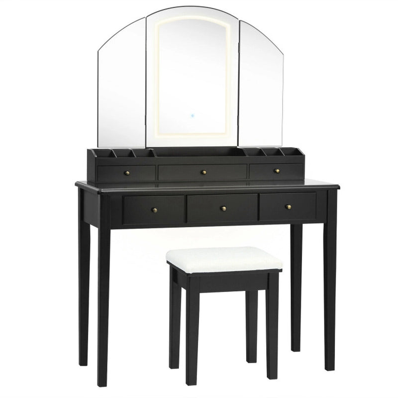 Vanity Table Stool Set with Large Tri-Folding Lighted Mirror