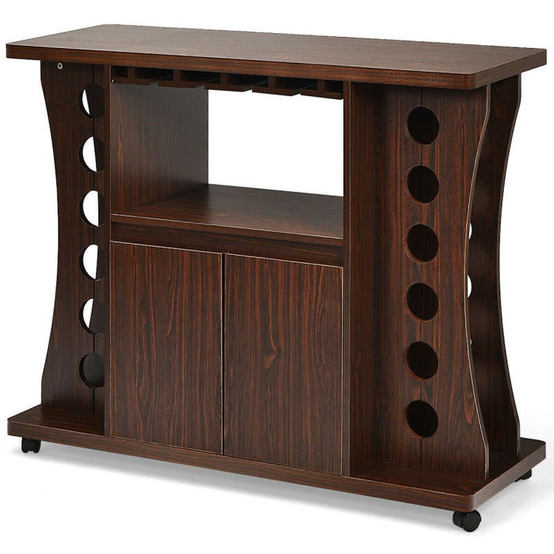 Rolling Buffet Sideboard Wooden Bar Storage Cabinet