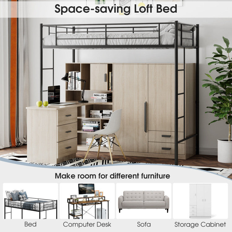 Twin Size Space-Saving Metal Loft Bed with Full-Length Guardrail and 2 Ladders