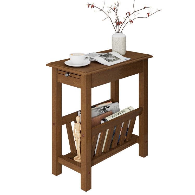 2-Tier Narrow End Table with Pull-Out Tray and Solid Rubber Wood Legs