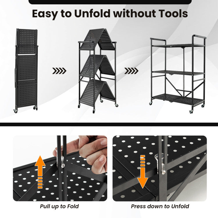 3-Tier Folding Utility Cart with 2 Lockable Casters