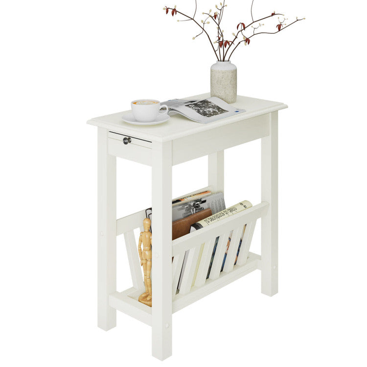 2-Tier Narrow End Table with Pull-Out Tray and Solid Rubber Wood Legs