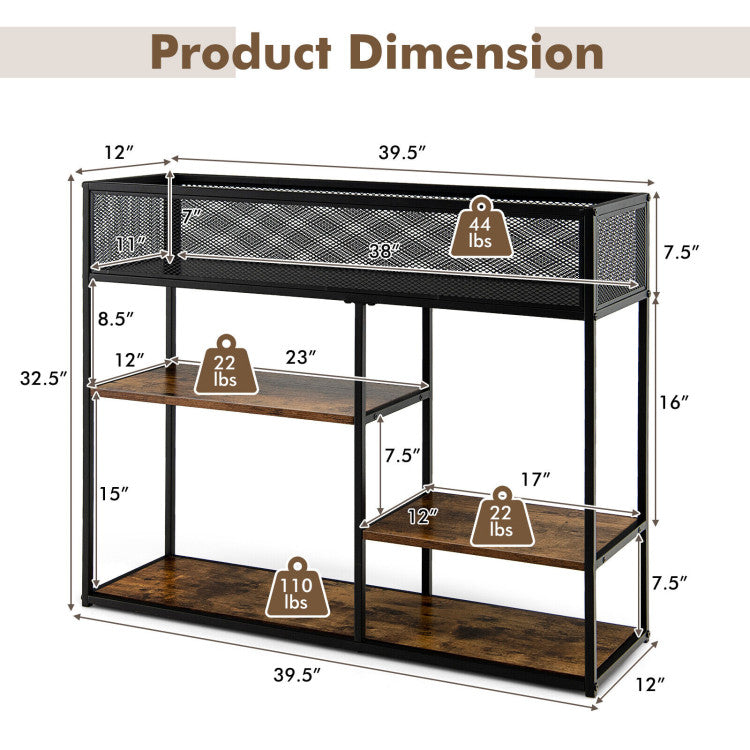 4-Tier Industrial Console Table with Wire Basket and Shelf