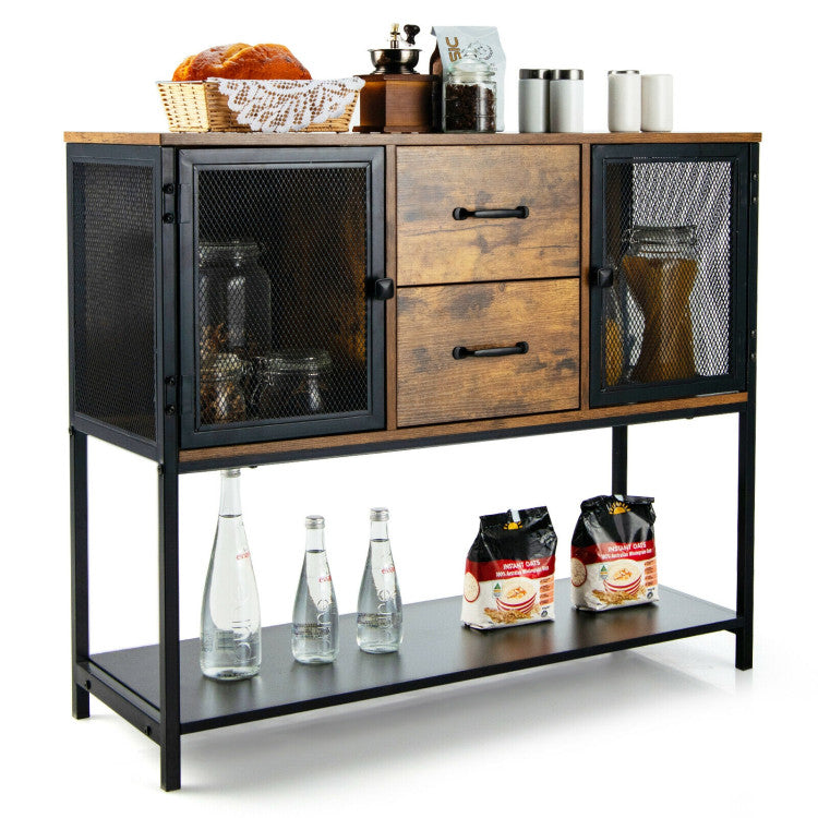 Industrial Buffet Sideboard Kitchen Cupboard with Metal Mesh Doors and 2 Drawers