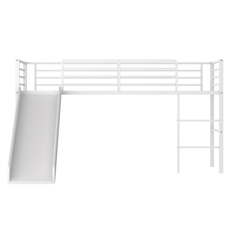 Twin Metal Loft Bed with Slide Safety Guardrails and Built-In Ladder