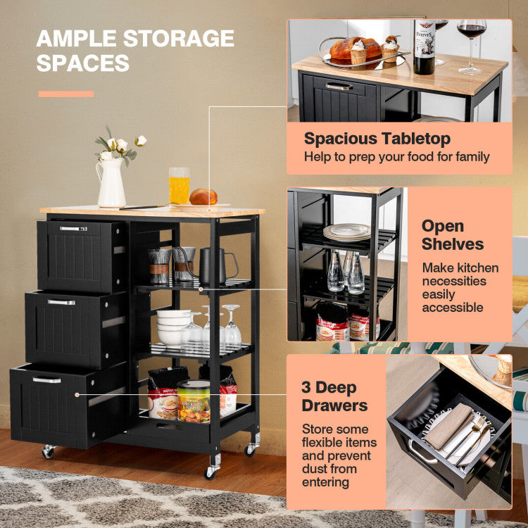 Rolling Kitchen Island Utility Storage Cart with 3 Large Drawers