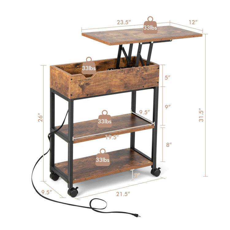 Lift Top End Table with Charging Station and Universal Wheels.