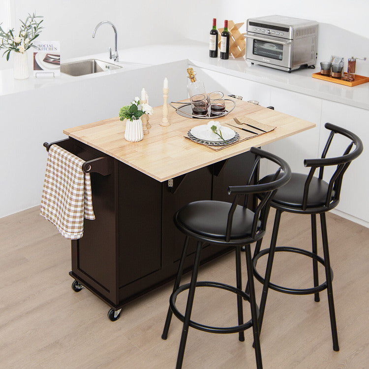 Kitchen Island Trolley Cart Wood with Drop-Leaf Tabletop and Storage Cabinet