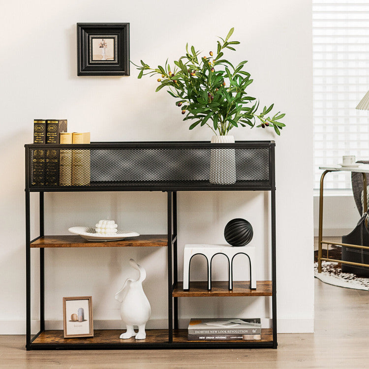 4-Tier Industrial Console Table with Wire Basket and Shelf