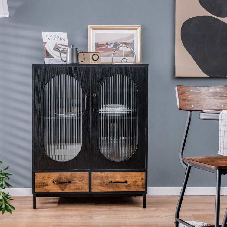 Kitchen Industrial Buffet Cabinet with Tempered Glass Doors