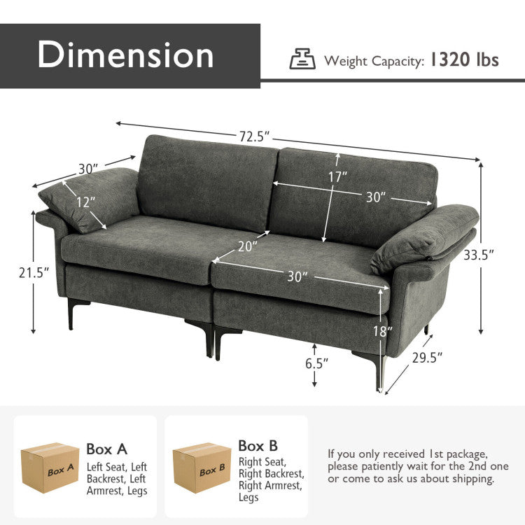 Modern Fabric Loveseat Sofa for with Metal Legs and Armrest Pillows