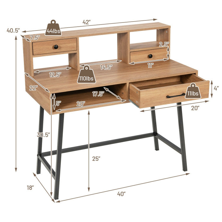 42-Inch Vanity Desk with Tabletop Shelf and 2 Drawers