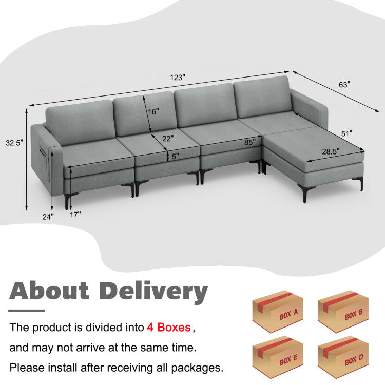 Modular L-Shaped Sectional Sofa with Reversible Ottoman and 2 USB Ports