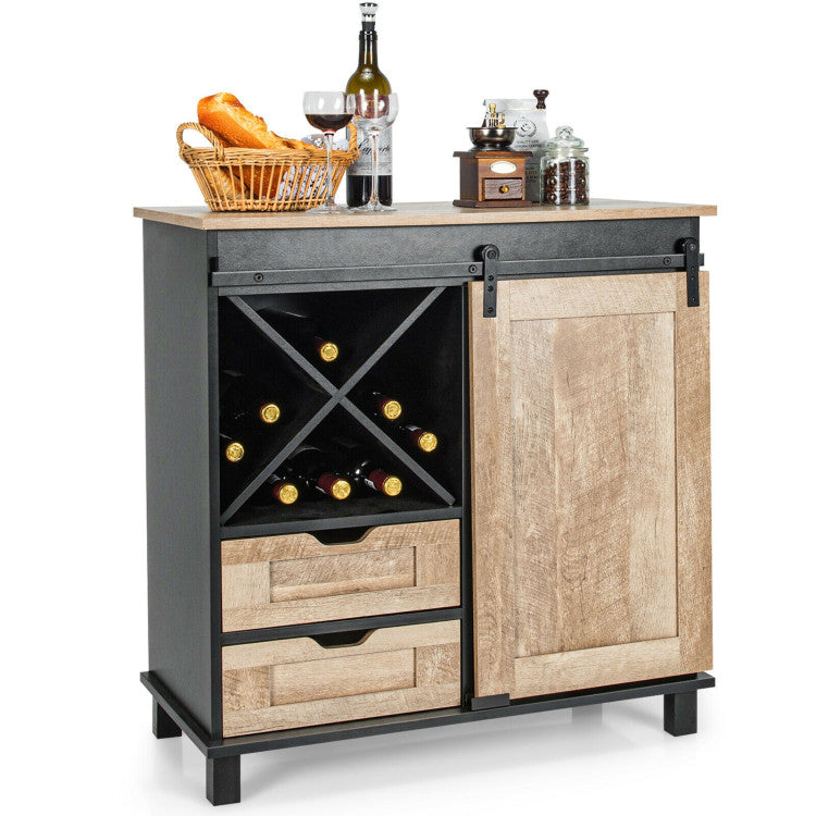 Kitchen Buffet Sideboard with Sliding Barn Door 2 Drawers and Wine Rack