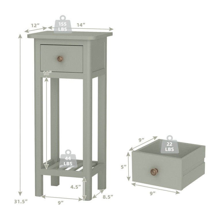 2 Tier Slim Nightstand Bedside Table with Drawer Shelf