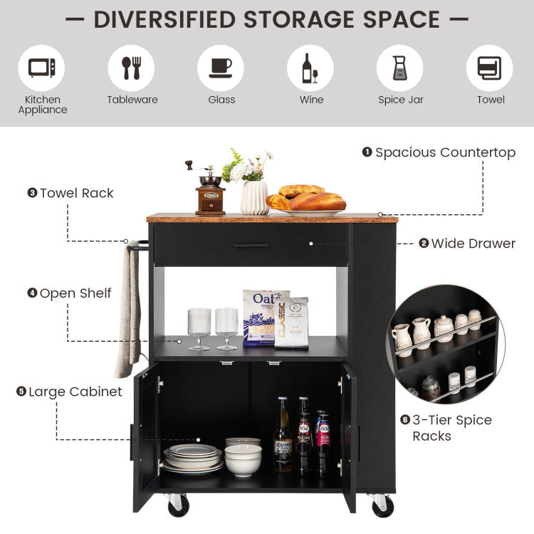 Rolling Kitchen Trolley with 3 Spice Racks Drawer and Open Shelf