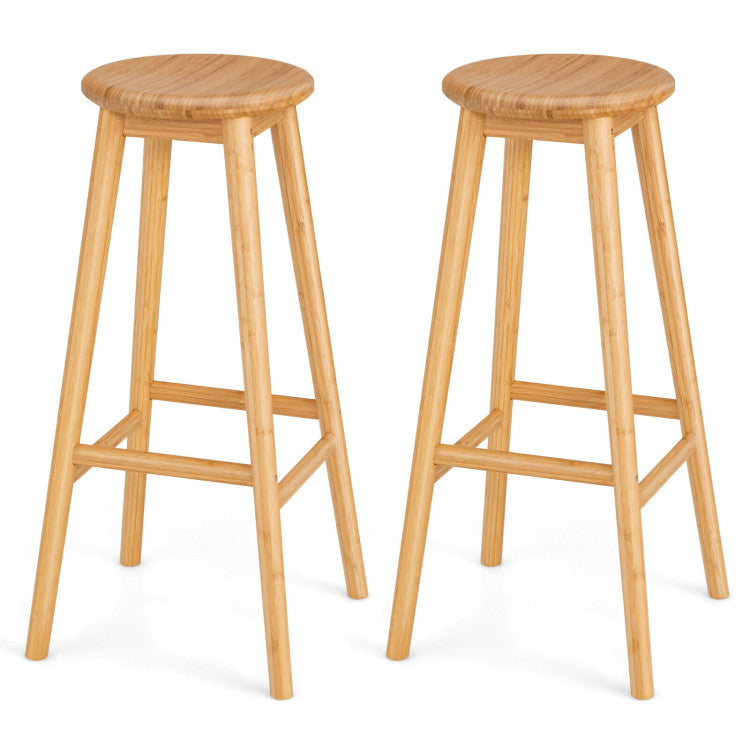 2 Pieces Bamboo Backless Bar Stools with round Seat and Footrest