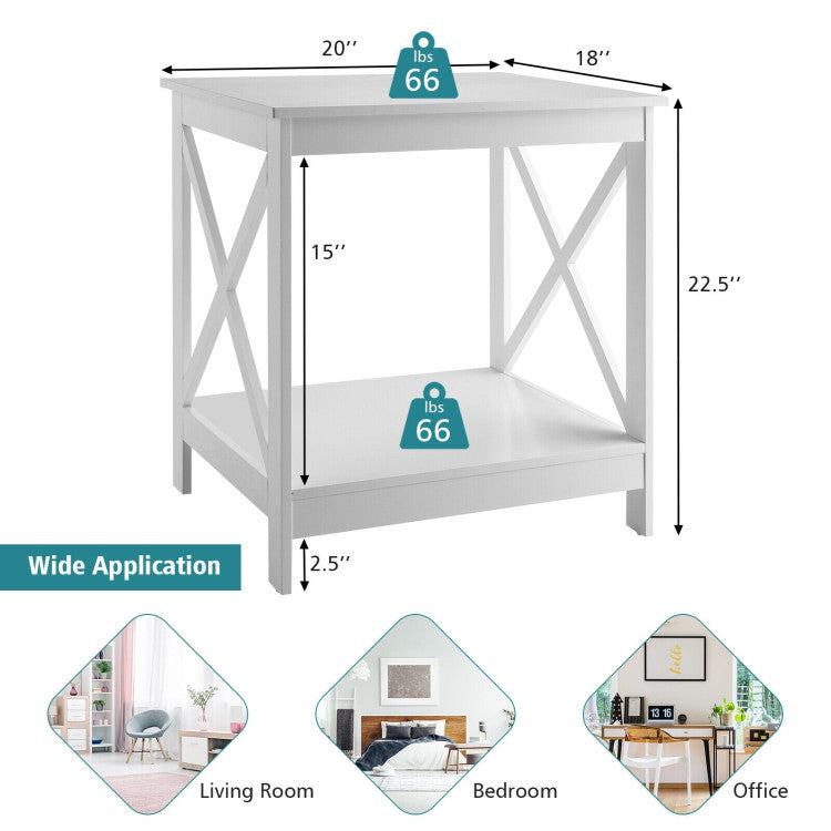 2-Tier Side Table with X-Shape Design and 4 Solid Legs