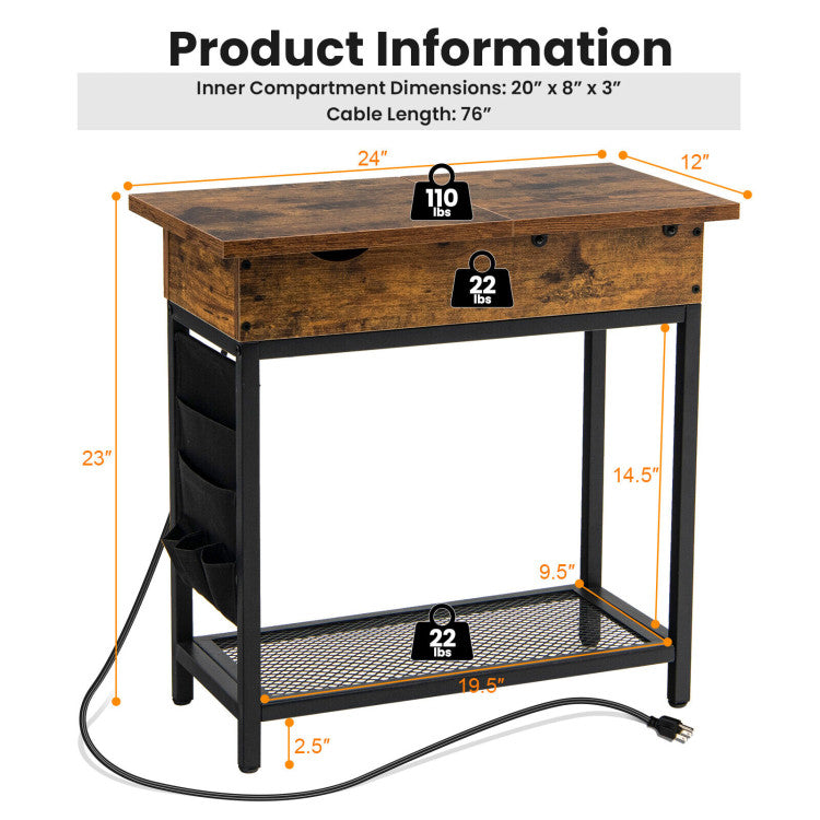 Industrial End Table with Charging Station and Flip Top