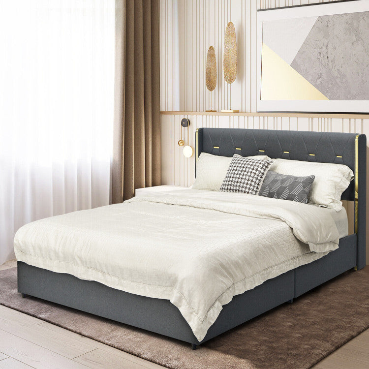 Full/Queen Size Upholstered Bed Frame with 4 Storage Drawers