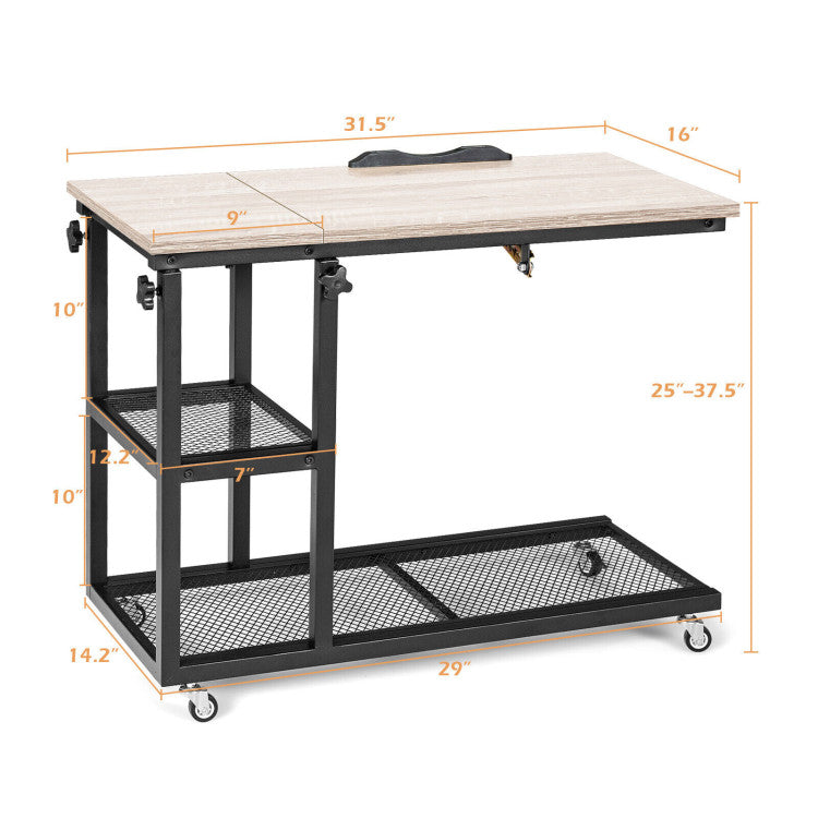 Height Adjustable C-Shaped End Table with Lockable Wheels and Tiltable Table Top