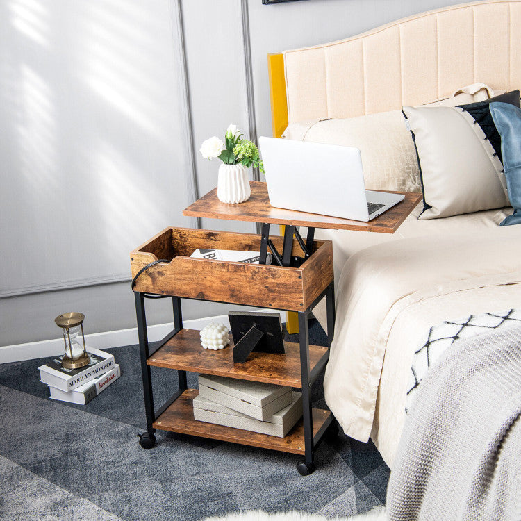 Lift Top End Table with Charging Station and Universal Wheels.