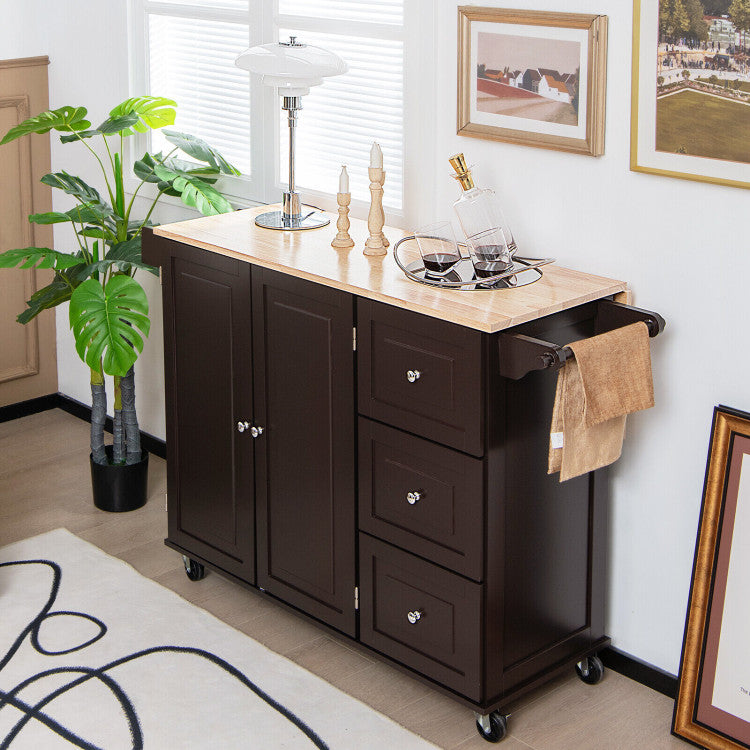 Kitchen Island Trolley Cart Wood with Drop-Leaf Tabletop and Storage Cabinet