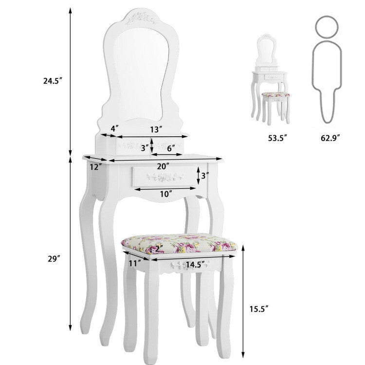 Makeup Dressing Table and Bench 3 Drawers and Cushioned Stool for Girls