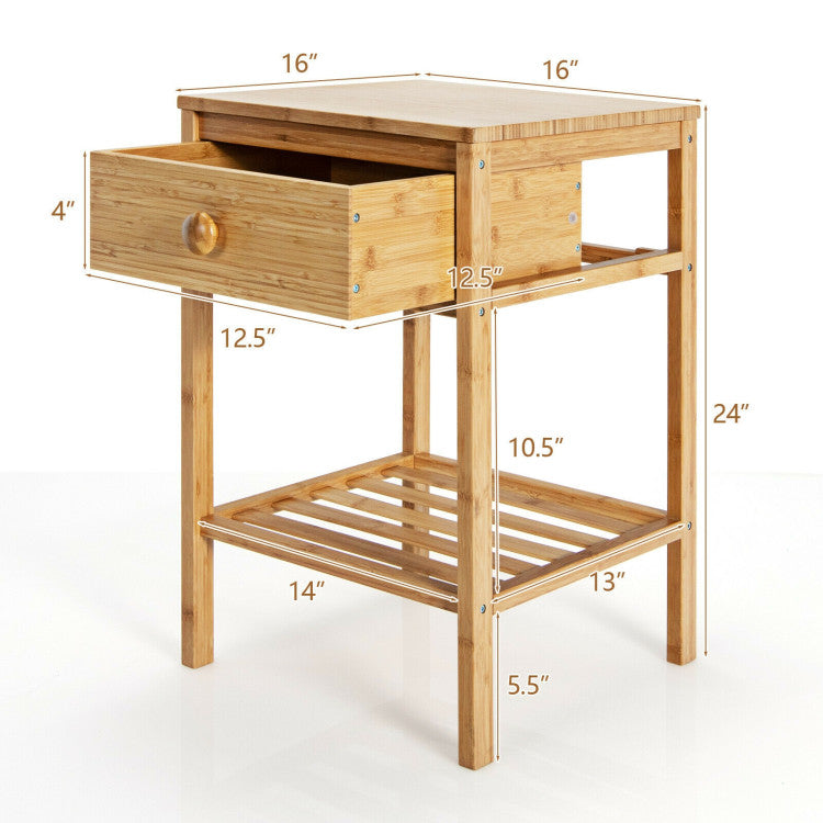 Bamboo Nightstand with Drawer and Open Shelf