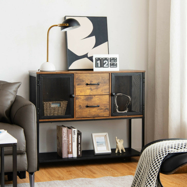 Industrial Buffet Sideboard Kitchen Cupboard with Metal Mesh Doors and 2 Drawers