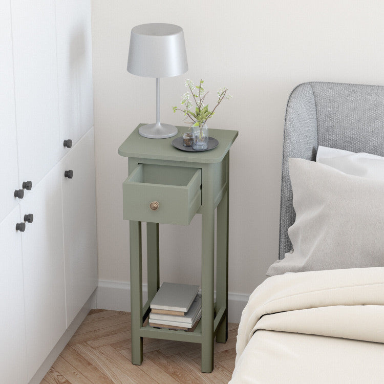 2 Tier Slim Nightstand Bedside Table with Drawer Shelf