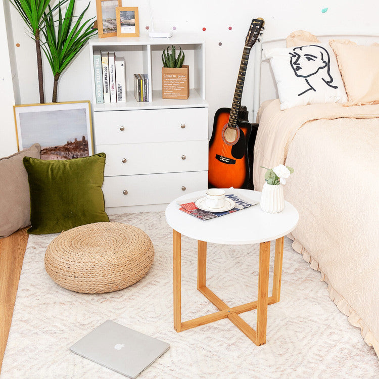 Multifunctional round Side End Table with Bamboo Legs and X-Shaped Base