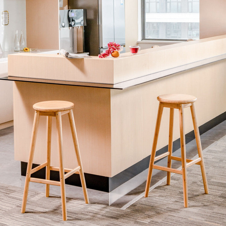 2 Pieces Bamboo Backless Bar Stools with round Seat and Footrest