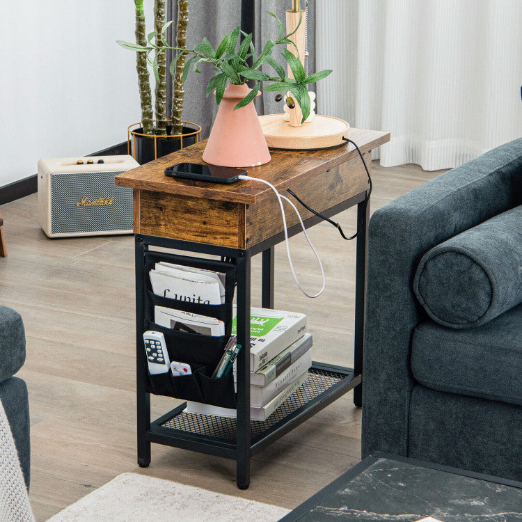 Industrial End Table with Charging Station and Flip Top